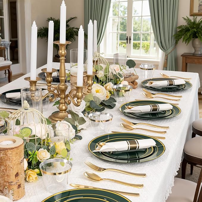 WDF Partyware 350PCS Green and Gold Plates - Green Plastic Plates 50Guests Plastic Plate with Rolled Napkins for Party/Birthday