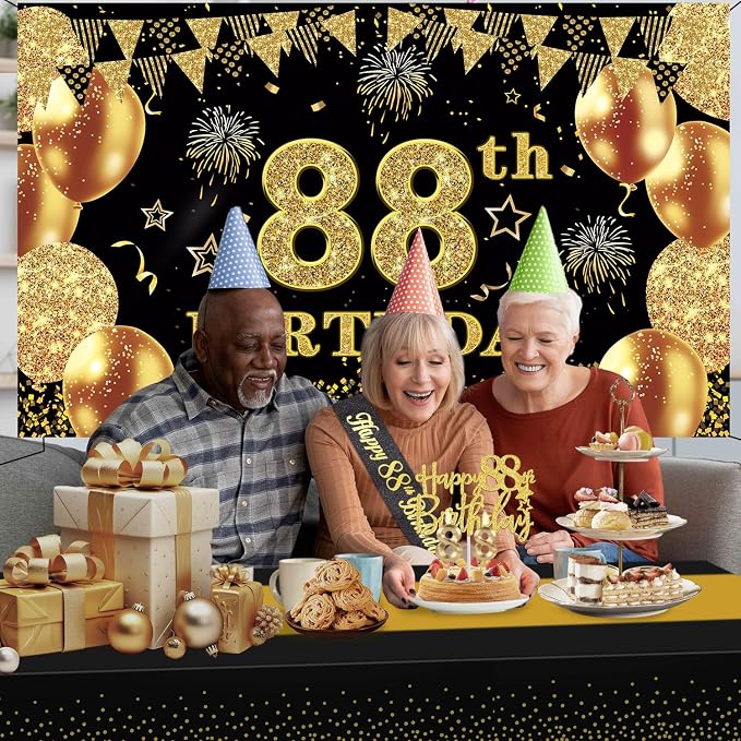88th Birthday Decorations Men Women with 88th Birthday Banner, Black and Gold Table Cloth, Number Balloons, Sash, Cake Topper and Candles
