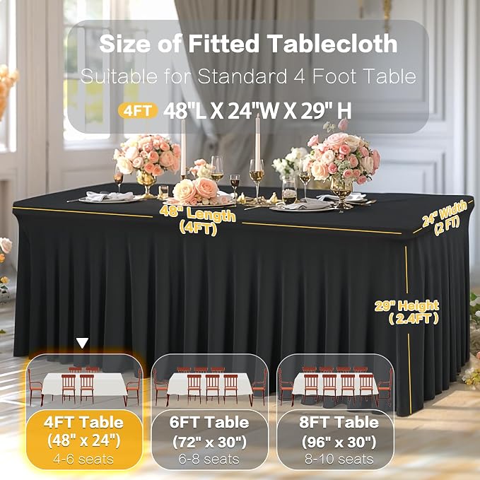 Shillance 2 Packs Black Spandex Table Covers 4 Foot, Fitted Stretch Table Cloth with Skirts 48x24 Inch, Wrinkle-Free Floor Length Rectangle Tablecloths for Trade Show Weddings Parties Banquets Events