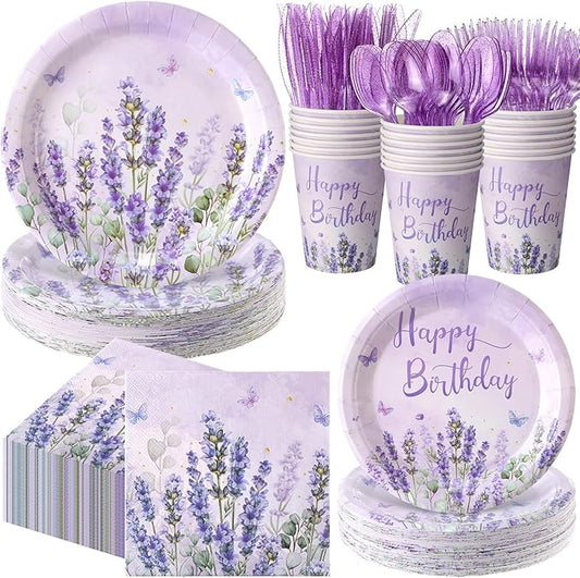 400 Pcs Purple Lavender Birthday Decorations for 50 Guests, Lavender Floral Butterfly Paper Plates Napkins and Cups Set with Cutlery, Lilac Tableware for Spring Birthday Party Supplies