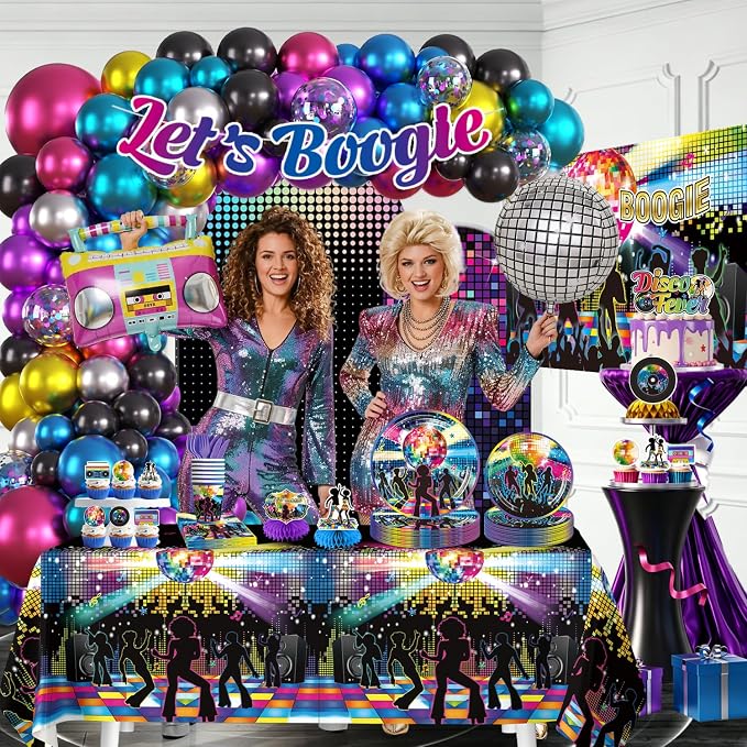 301pcs Disco Party Decorations for 70s, All-in-one 70s Party Decorations for 25 Guests, with No-DIY Banner Thick Plates and Disco Balloon Arch, Disco Photo Booth Props, Easy Setup for 70s Party