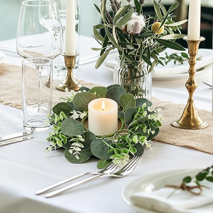 12 Pcs Artificial Eucalyptus Candle Rings Wreaths, 9 Inch Candle Rings with Baby Breath, Greenery Candle Rings for Pillar Candles, Wedding Centerpieces, Home Decor
