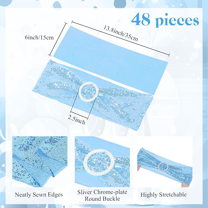 Newwiee 54 Pcs Sky Blue Sequin Chair Sashes and Table Runners, 48 Sequin Chair Bows, 6 Glitter Table Runners for Birthday Party Wedding Banquet Holiday Decorations