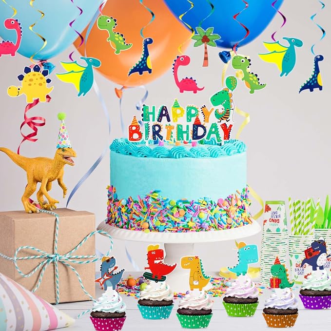 Tessco 193 Pcs Dinosaur Birthday Party Supplies Includes Plates Cups Napkins Banner Knives Fork Spoon Tablecloth Cupcake Toppers Straw Swirls for Boys Dino Birthday Party Decoration, Serves 20 Guests