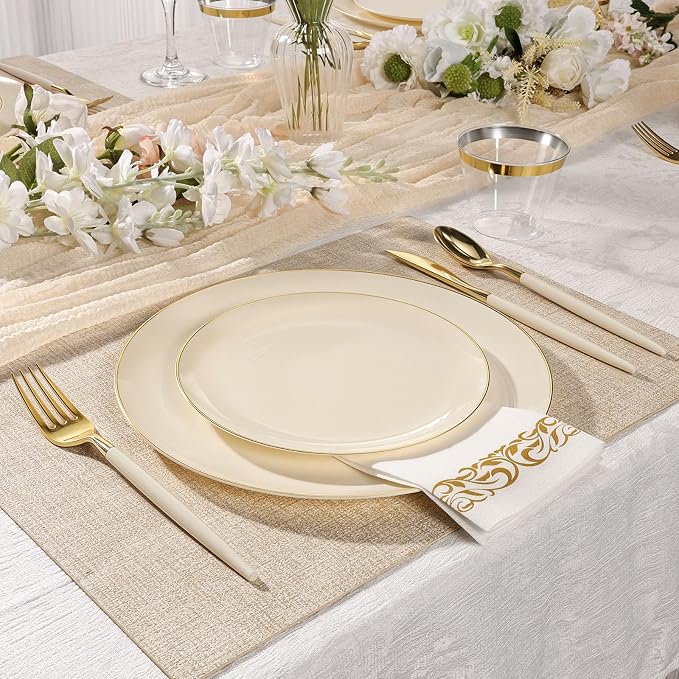 350 PCS lvory Plastic Dinnerware Set, lvory and Gold Rim Disposable Plates for Party, Include 100 lvory Plates with 150 Plastic Cutlery, 50 Napkins and 50 Cups