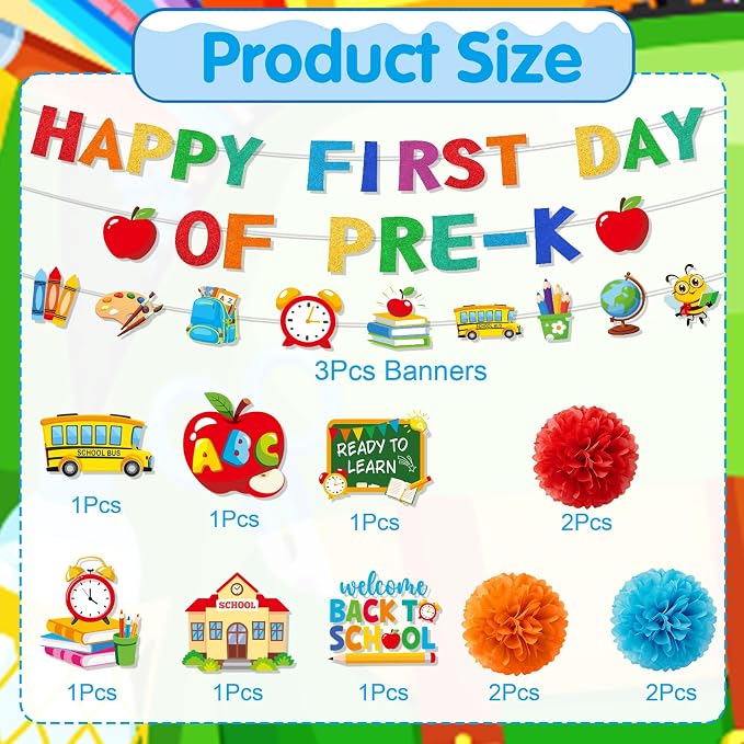 First Day of Pre-K Decorations - 15PCS First Day of Preschool Party Banners Hanging Swirls Paper Pompoms Decor, Back to School Classroom Decor Supplies