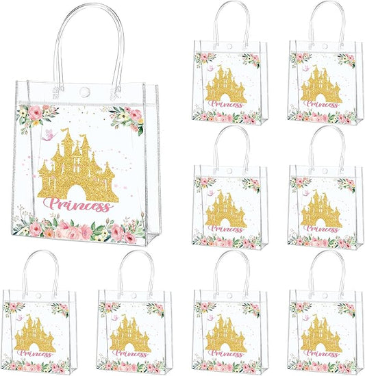 24Pcs Princess Birthday Party Favor Bags PVC Gift Snacks Bag With Handle 5.9 x 2.8 x 6.3 Inches Castle Floral Fairy Princess Theme Treat Candy Goodies Plastic Bag for Birthday Baby Shower Supplies