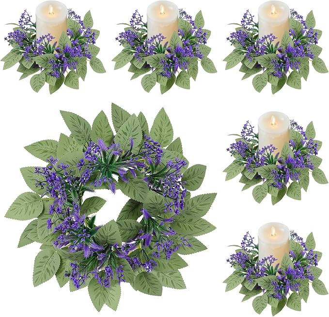 6 Pack Artificial Lavender Candle Rings Wreaths, 9 Inch Candle Rings with Green Leaves, Purple Floral Candle Rings for Pillar Candles, Wedding Centerpieces, Home Decor