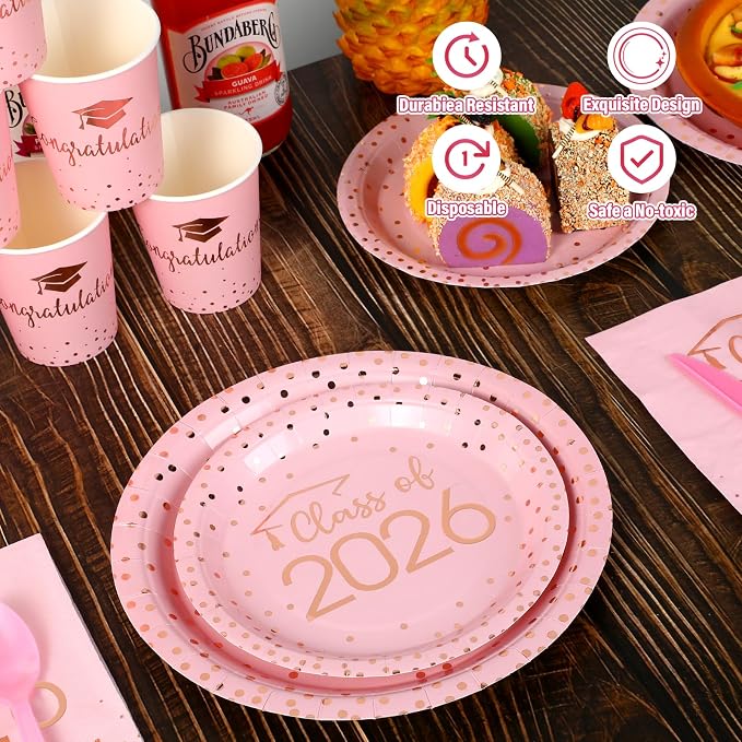175pcs Class of 2026 Graduation Plates and Napkins Set, Disposable Paper Plate Set Polka Dots Plates Napkins Cups Knife Fork Spoon for Graduation Party Decorations and Supplies,Serve 25 (Pink）