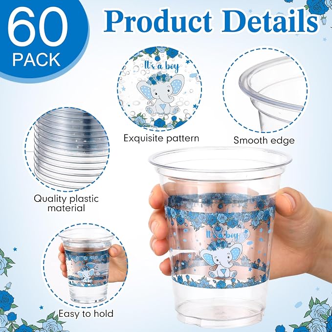 Funnymoom 60 Pack Blue Elephant Baby Shower Cups It's a Boy 12 oz Disposable Clear Plastic Blue Baby Shower Cups for Boy Birthday Gender Reveal Elephant Theme Party Decoration Supplies