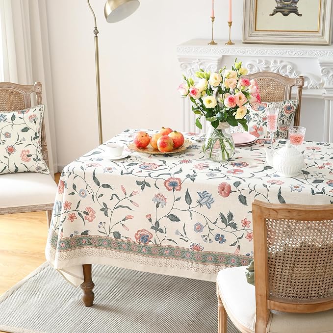 ISAENNE Designer French Linen Tablecloth Rectangular,110"x63"-Daffy | Vintage Elegant Table Cloth Rectangle Table,Floral Pattern,Decoration,Heavyweight,Dining,Kitchen,Tea Party,Thanksgiving