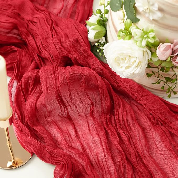 8 Pack 10Ft Red Cheesecloth Table Runner 35x120 inch Boho Gauze Cheese ClothsTable Runners Long Wrinkled Sheer Romantic Table Runner for Wedding Bridal Shower Birthday Party Table Decor