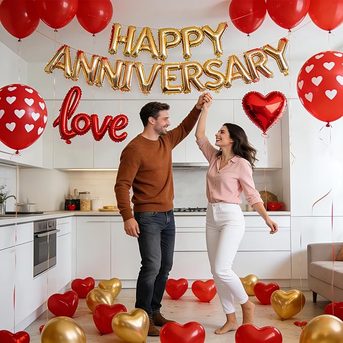 Happy Anniversary Balloons Kit Red Gold Balloon with Heart Shaped, Love Foil Balloons and 1000 Pieces Rose Petals for Anniversary Valentine's Day Proposals Decorations
