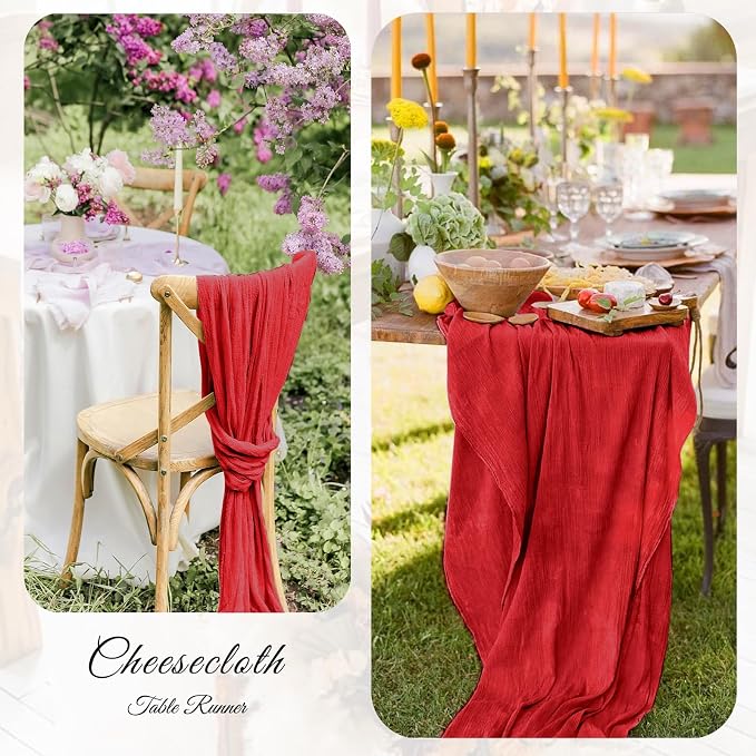 6 Pack Red Cheesecloth Table Runner 21x120 Inches, Boho Gauze Rustic Semi Sheer Cheese Cloth Table Runners for Easter Wedding Bridal Baby Shower, Birthday Party, Long Farmhouse Table Decor