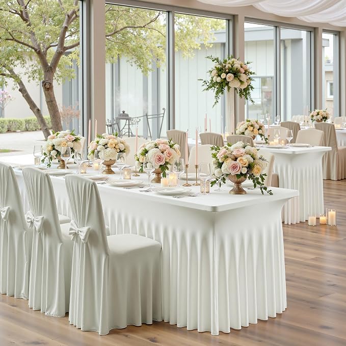 NSSONBEN 2 pk Ivory Spandex Tablecloth for 8 Foot Rectangle Tables,Wrinkle Free High Stretch Cream Fitted Tablecloths with Ruffle Skirt, Elastic Spandex Table Covers 8ft for Parties Weddings Banquet