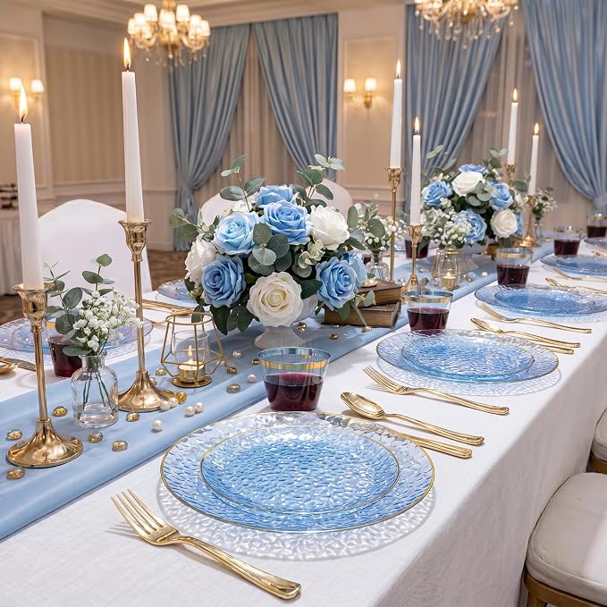 175PCS Blue Plastic Plates for 25 Guests, Disposable Plates for Party, Heavy Duty Disposable Plate Set Include: 25 Dinner Plates, 25 Dessert Plates, 25 Cups and Cutlery for Wedding & Party