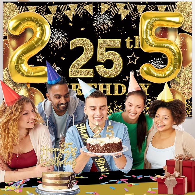 25th Birthday Decorations Men Women with 25th Birthday Banner, Black and Gold Table Cloth, Number Balloons, Large Sash, Cake Topper and Candles