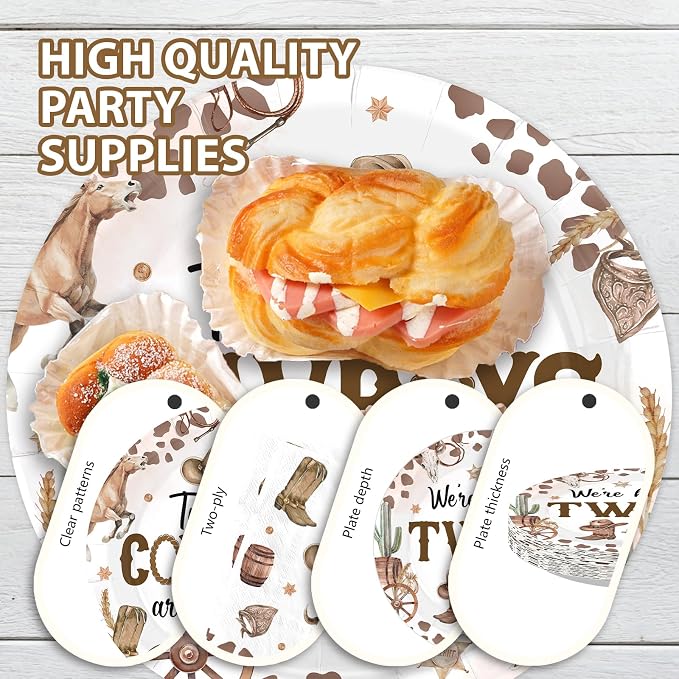 96Pcs Cowboys Twins Baby Shower Party Decorations Two Little Cowboys are On The Way Plates and Napkins Disposable Brown Wild West Tableware Set for Twins Boys Baby Shower Party Supplies Serves 24