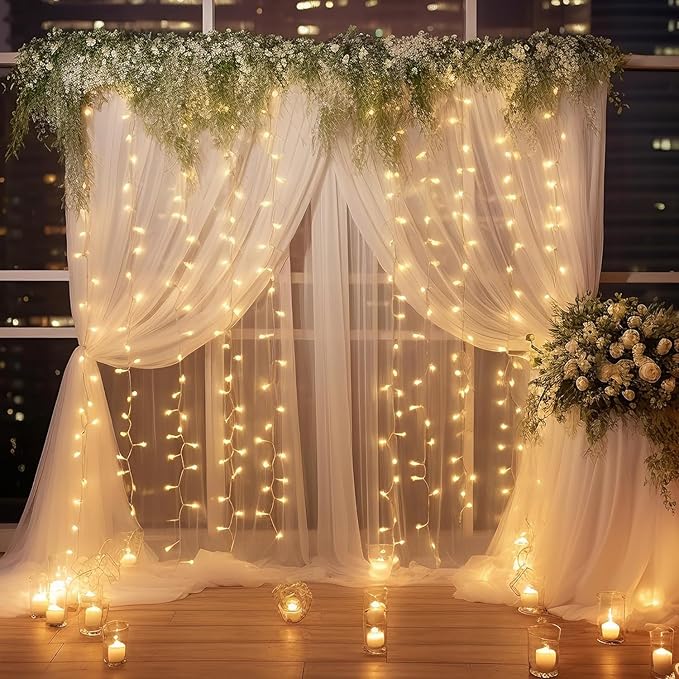 20ft x 10ft White Sheer Tulle Backdrop Curtain with Lights String- Wedding Backdrop Decorations for Reception Ceremony Home Party Photoshoot Background Fabric Curtains Backdrop