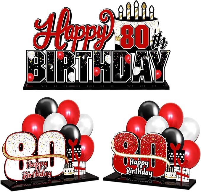 LINGTEER Happy 80th Birthday Red Acrylic Table Topper Centerpieces Set - Cheers to Eighty Years Old Birthday 80th Bday Party Gift Decorations.