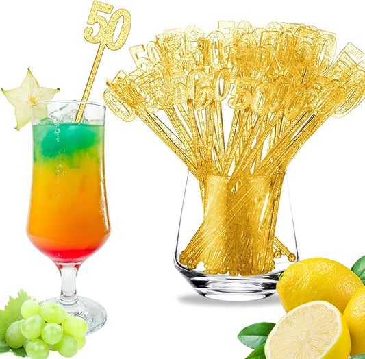 Reallnaive 100 Pcs 50th Birthday Drink Stirrers Gold Glitter Cocktail Stirrers Plastic Swizzle Sticks 7.5 Inch Fall Birthday Cupcake Toppers Sticks Bulk for Coffee Bar Cake Pops Christmas Party Favor