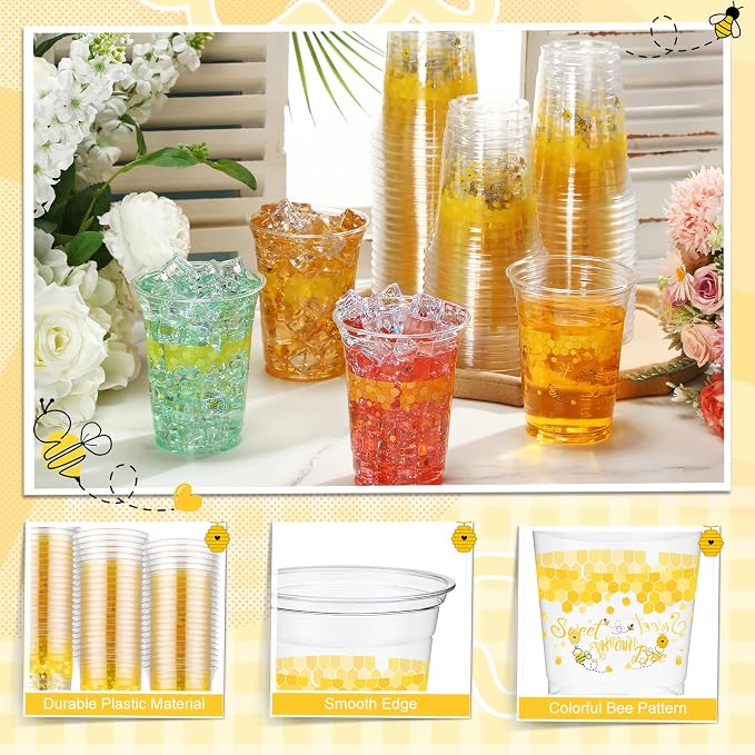 100 Pcs Bee Party Decoration Cups, 16 oz Clear Disposable Honeybee Cups, First Bee Day Theme Party Supplies for Spring Summer Birthday Baby Shower Beverage Snacks