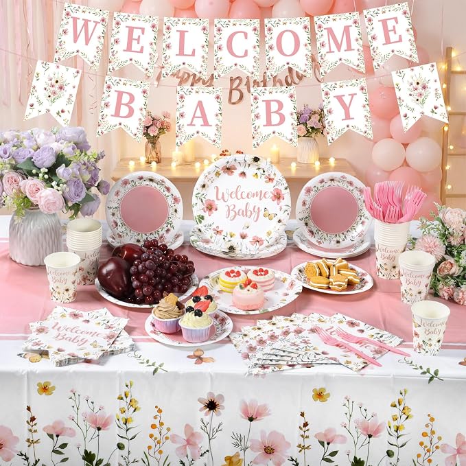 LemonRoad 128 Pcs Pink Floral Baby Shower Party Decoration Girl for 25 Guests, Wildflower Welcome Baby Shower Paper Plates Napkins Cups Tablecloth Forks Banner for Spring Gender Reveal Party Supplies
