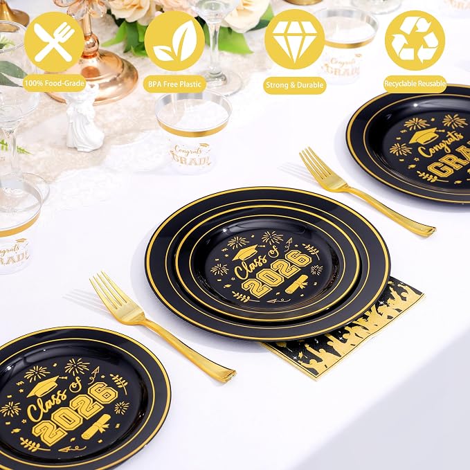 150 Pcs 2026 Graduation Plastic Plates with Disposable Silverware Serves 30 Guests, Black Gold Graduation Disposable Plates Including 30 Dinner&Dessert Plates, Cups, Napkins, Gold Forks for Party