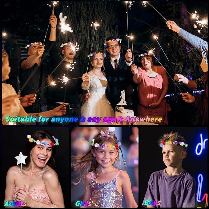 80 Pcs LED Flower Crown Headband Glow Floral Wreath Crown for Women Light Up Flower Headband Glow in the Dark Hair Accessories for Wedding Birthday Cosplay Beach Party Favor