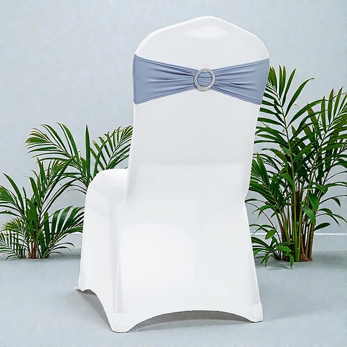 VDS - Dusty Blue | Spandex Chair Sashes Bows | 250 PCS | Stretch Elastic Banquet Universal Folding Chair Band Tie with Silver Buckle Slider for Wedding Party Conference Celebration Event Decoration