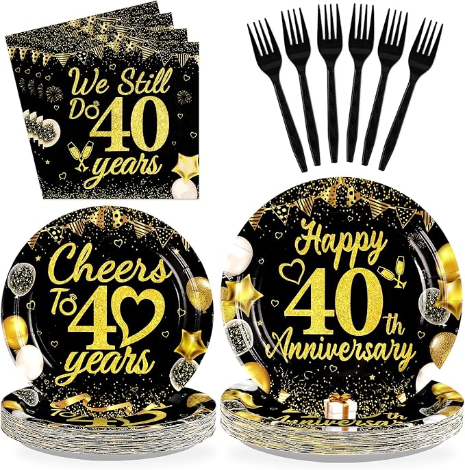96Pcs 40th Wedding Anniversary Party Supplies Happy 40 Years Anniversary Plates and Napkins Black Gold Wedding Tableware Set for Cheers to 40 Years Party Supplies Serves 24