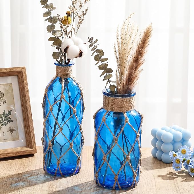 Chuangdi Set of 2 Coastal Glass Vases for Flowers TSITP Flower Vase with Boho Rope Small Sea Glass Jar Nautical Beach Bottle for Wedding Table Centerpieces Floral Arrangement Decor(Cobalt Blue)