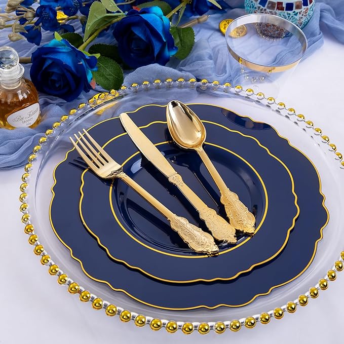 Liacere 350PCS Navy Blue Plastic Plates-Disposable Blue Gold Plates 50guest Plastic Dinnerware include 100Plates,50Pack Pre Rolled Napkins with Silverware 50Cups for Graduation & Memorial Day