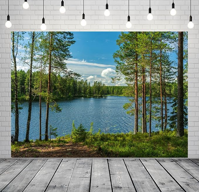 BELECO 5x3ft Fabric Forest Lake Backdrop Nature Park Lakeside Green Trees Scenery Background Spring Summer Outdoor Camping Hiking Decoration Kid Adult Artistic Portrait Photo Studio Props