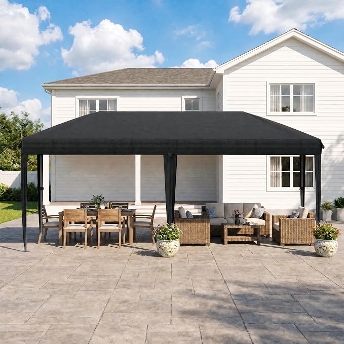 10x20 FT Portable Pop Up Canopy Tent with Sandbags, Adjustable Height Instant Gazebo Without Sidewalls,Waterproof Outdoor Canopy for Camping, Parties, Vendor Events (Black, 3m × 6m Without sidewalls)