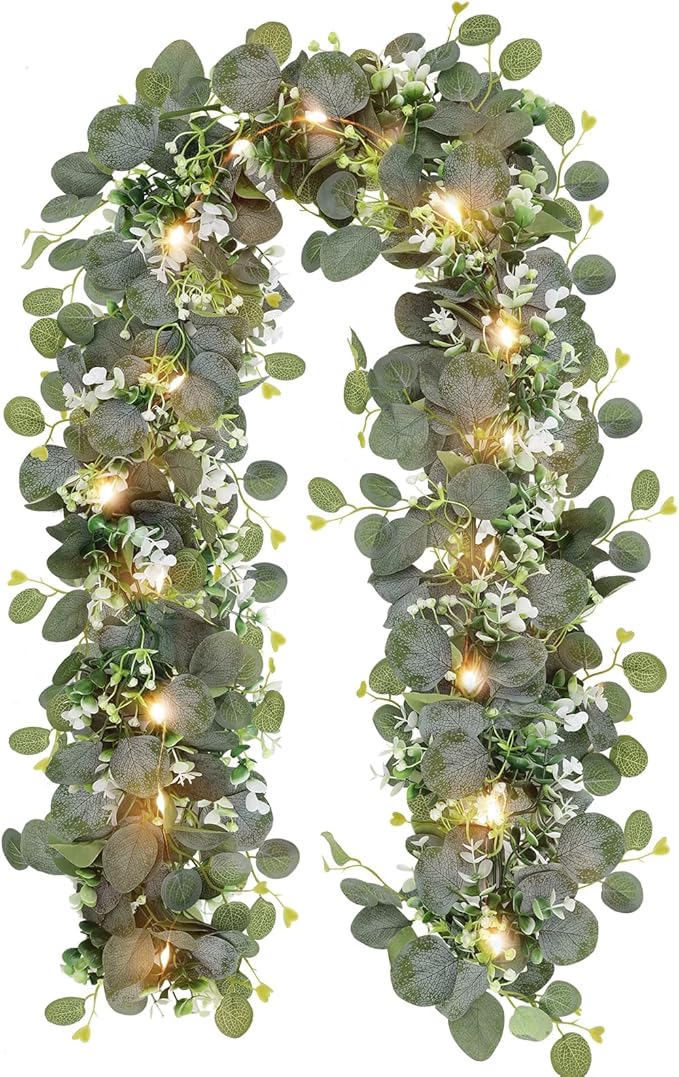 N&T NIETING 1 Pack Artificial Eucalyptus Garland with Lights, 6FT Artificial Greenery Garlands, Battery Operated Twig Vine for Room Stairs Mantle Wedding Holiday Mothers Day Decoration Indoor Outdoor