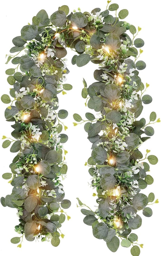 N&T NIETING 1 Pack Artificial Eucalyptus Garland with Lights, 6FT Artificial Greenery Garlands, Battery Operated Twig Vine for Room Stairs Mantle Wedding Holiday Mothers Day Decoration Indoor Outdoor