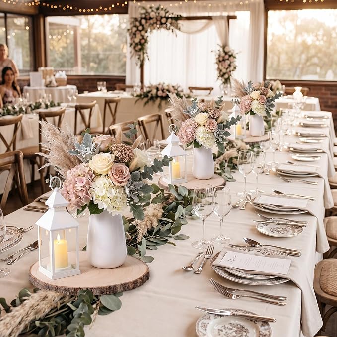 6 Sets Wedding White Decorative Candle Lanterns with Wood Slices Flameless Candle Hanging Lights Rustic Farmhouse Centerpieces Table Decor for Wedding Summer Boho Decoration
