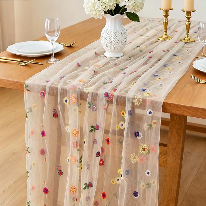 FEXIA Spring Table Runner 10FT Floral Gauze Mesh Garden Tea Party Decorations Romantic Dining Table Decoration for Easter, Weddings, Birthday Valentine’s Day Living Room Styling Home Decor