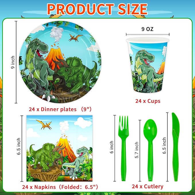 DYLIVeS Dinosaur Party Supplies, Dinosaur Themed Birthday Party Decorations Trex Dinosaur Party Favors Disposable Tableware Set for Kids Boys, Dinosaur Plates and Napkins, Cups, Cutlery, Serves 24