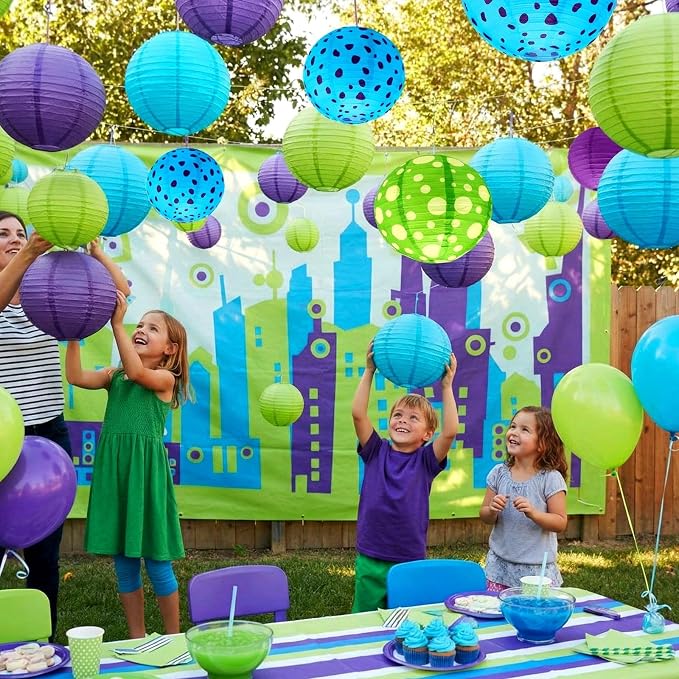 Weysat 12pcs Monster Theme Hanging Paper Lanterns Spot Monster Theme Blue Green and Purple Round Lantern Decorations Birthday Party Supplies for Birthday Party Shower Classroom Home Decor Supplies