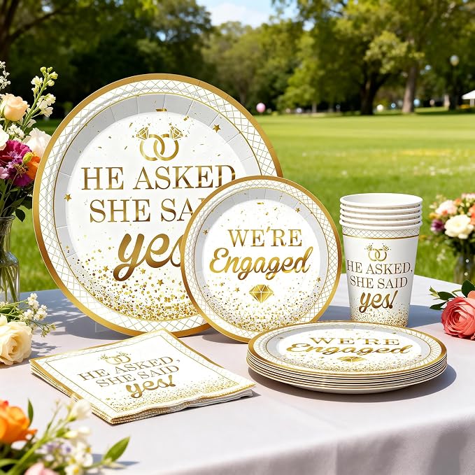 287Pcs Engagement Party Decorations, All-in-one Happy Engagement Decorations with 25 Serves Disposable Plates, 2 Pcs Waterproof Engaged Tablecloth Wedding Proposal Decorations Party Decor