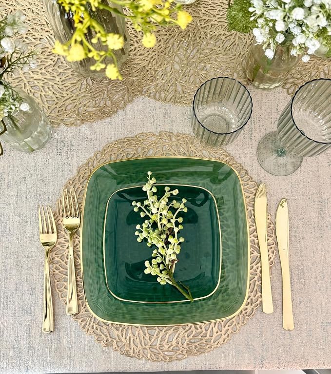 OCCASIONS 50 Green Disposable Dinner Plates (25 Guests) - Fancy Square Heavy Duty Plastic Dinnerware Set with Gold Rim for Wedding Party, 25x10" + 25x7" Salad/Dessert, BPA Free, Belize in Green & Gold
