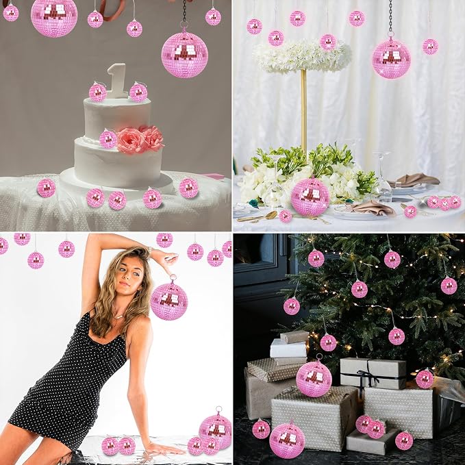 Mirror Balls, MUZTOP 14 Pack Disco Ball Ornaments Hanging Disco Mirror Ball for DJ Stage Club Wedding Holiday Home Party Decor, 6 Inch, 2 Inch (Pink)