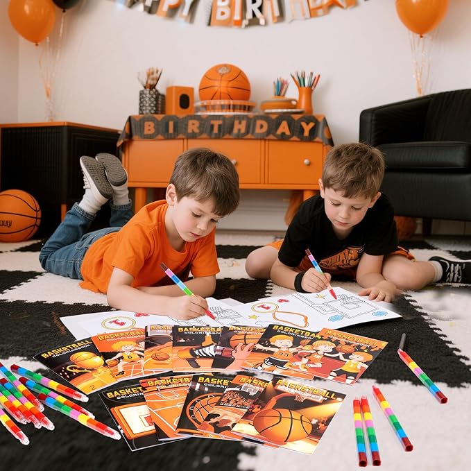 BenLouis 24 Basketball Mini Coloring Books Kids with 24 Stacking Crayons Basketball Party Favors Activity Books Bulk for Kids Sports Goodie Bag Gift Stuffer Classroom Reward