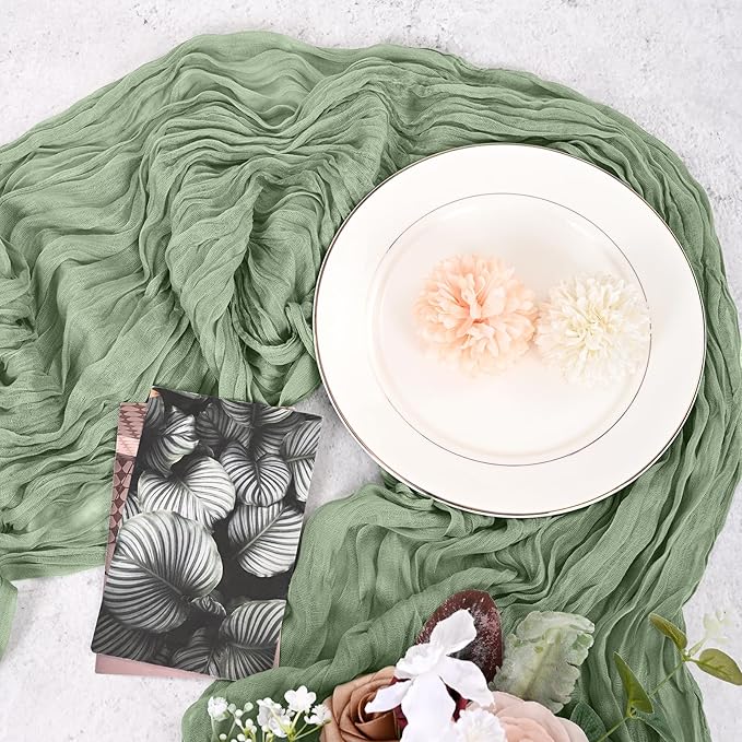 12 Pack Sage Green Cheesecloth Table Runner 120 inch Fall Thanksgiving Boho Rustic Gauze Farmhouse 10FT Cheese Cloth Runner for Baby Shower Wedding Party Holiday Home Decor