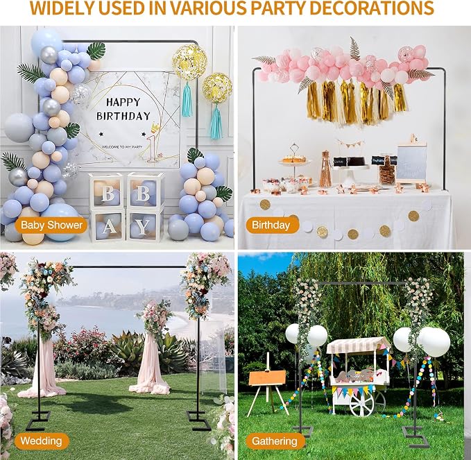 8.2FT Square Wedding Arch,Metal Arch Backdrop Stand Heavy Duty Adjustable,Extra 2 Clamp Change Over The Table Rod Stand,Black Balloon Arch Stand for Valentine Party Decor,Photoshoot Backdrop Stand Kit