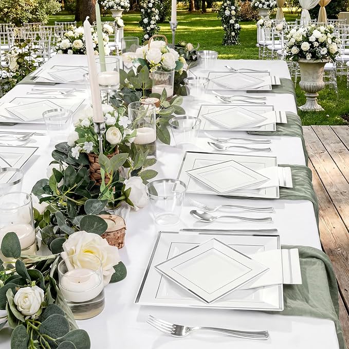 Festiva 350Pcs Silver Plates - Silver Square Plastic Plates 9 .5" and 6" - serve for 50 guests include 50 Cups 50Plastic Cutlery 50Hand Napkins Perfect for Party&Wedding&Birthday