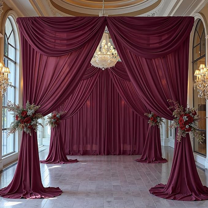 20ft x 10ft Burgundy Backdrop Curtains, Wrinkle-Free Sheer Chiffon Fabric Photo Backdrop Drapes for Wedding Arch Party Ceremony Stage Photography Decorations
