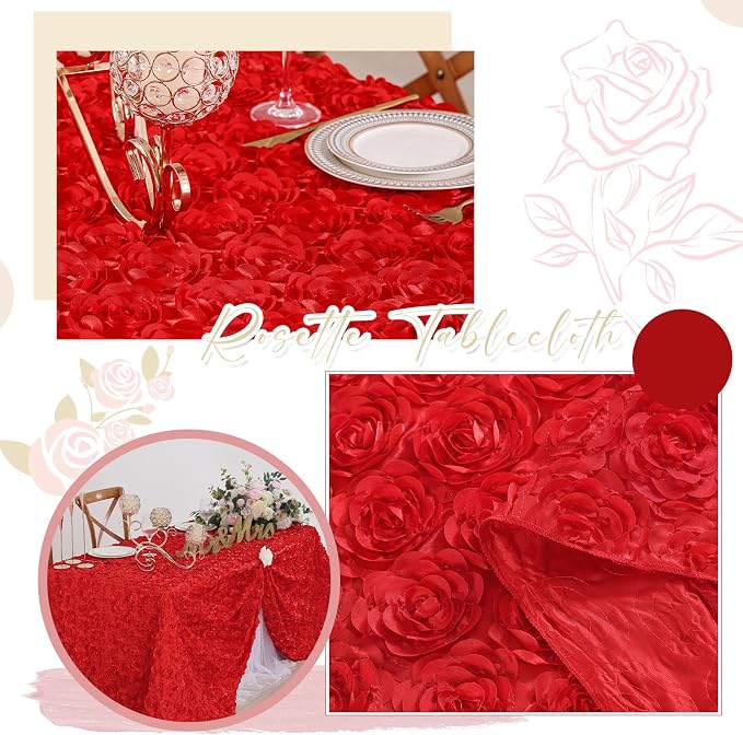 Red Rosette Tablecloth Satin Raised Rosettes 50 x102 Inches 3D Rose Floral Satin Rectangle Tablecloths for Wedding Banquet Party Baby Shower Sweet Cake